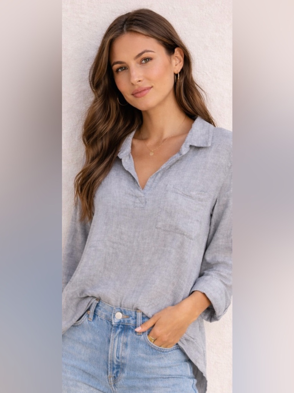 163. cloth & stone Heather Light Blue Collared Long-Sleeve Pullover